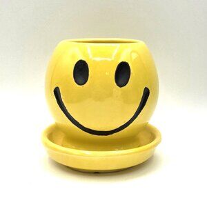 McCoy Yellow Smiley Face Planter 0386 Vintage USA Pottery Attached Underplate